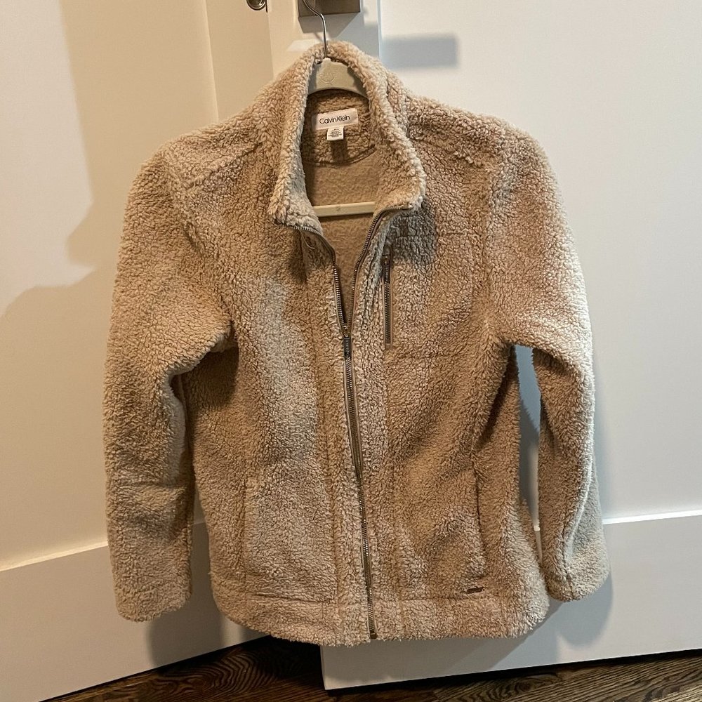 Calvin Klein Tan Sherpa Jacket with Gold Zippers